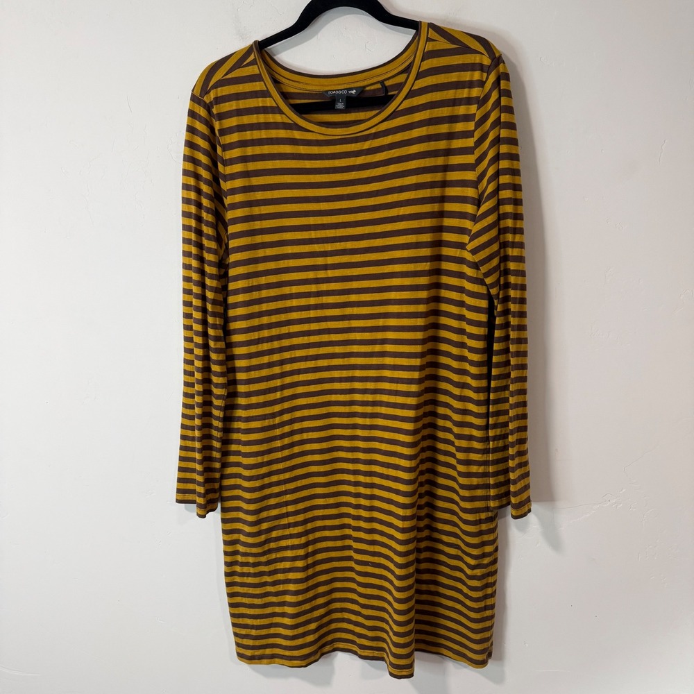 Toad&Co Womens Windmere II Long Sleeve Dress L Yellow Brown Excellent Striped